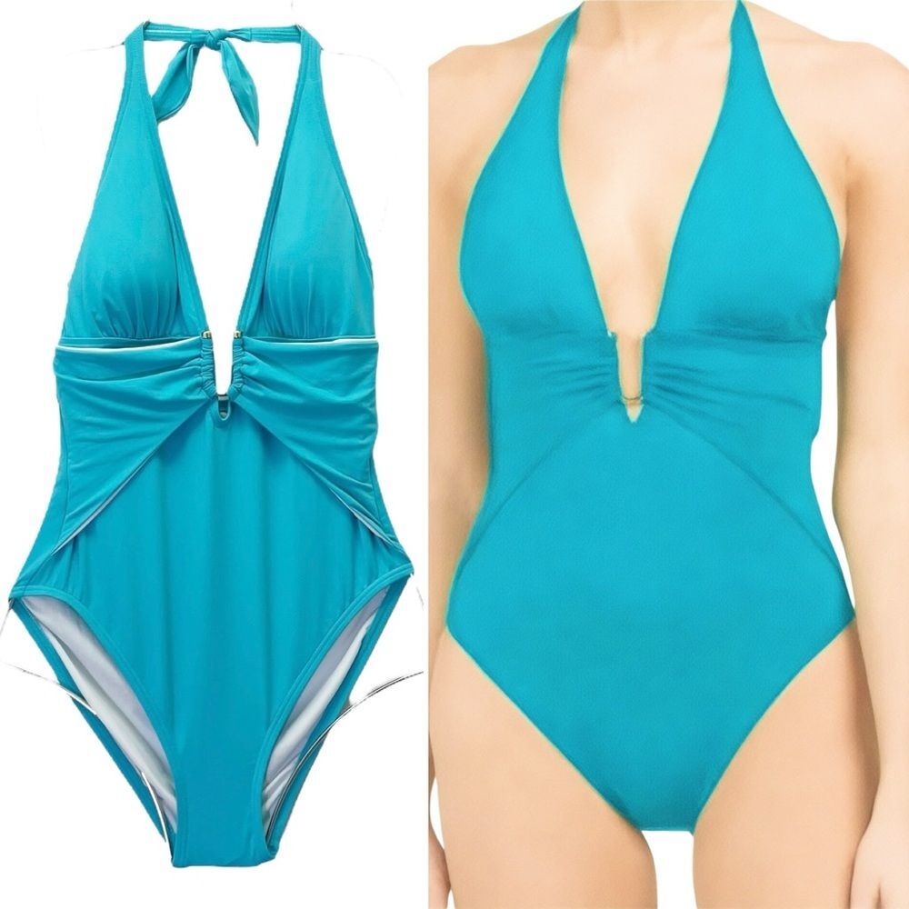 NWT Vince Camuto Halter One Piece Swimsuit Aqua Blue Size 10 Plunge Front NEW